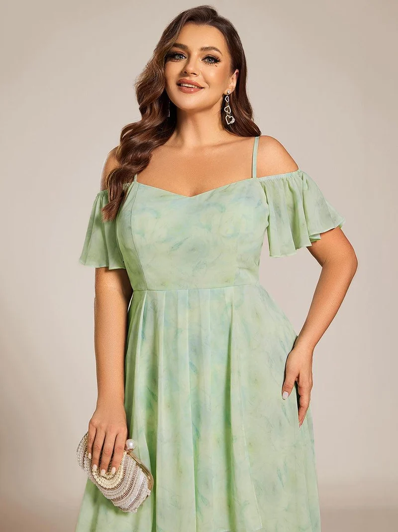 pretty JORDANE|Robes invitée mariage en mousseline de soie grande taille épaules dénudées hautes et basses manches courtes