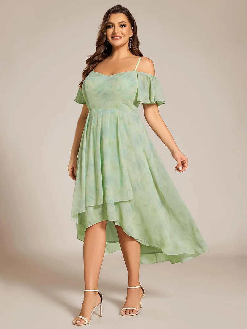 pretty JORDANE|Robes invitée mariage en mousseline de soie grande taille épaules dénudées hautes et basses manches courtes
