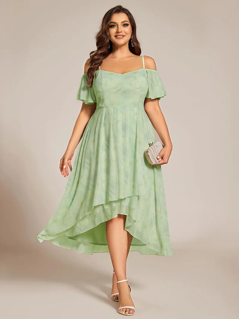 pretty JORDANE|Robes invitée mariage en mousseline de soie grande taille épaules dénudées hautes et basses manches courtes