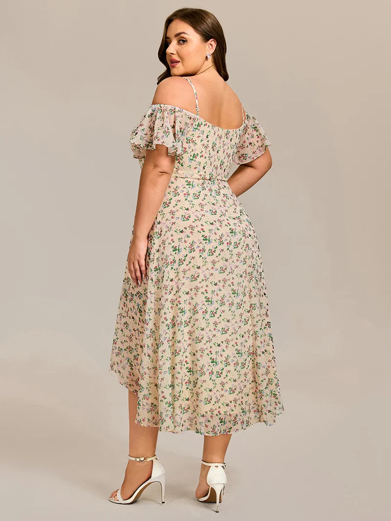 pretty JORDANE|Robes invitée mariage en mousseline de soie grande taille épaules dénudées hautes et basses manches courtes