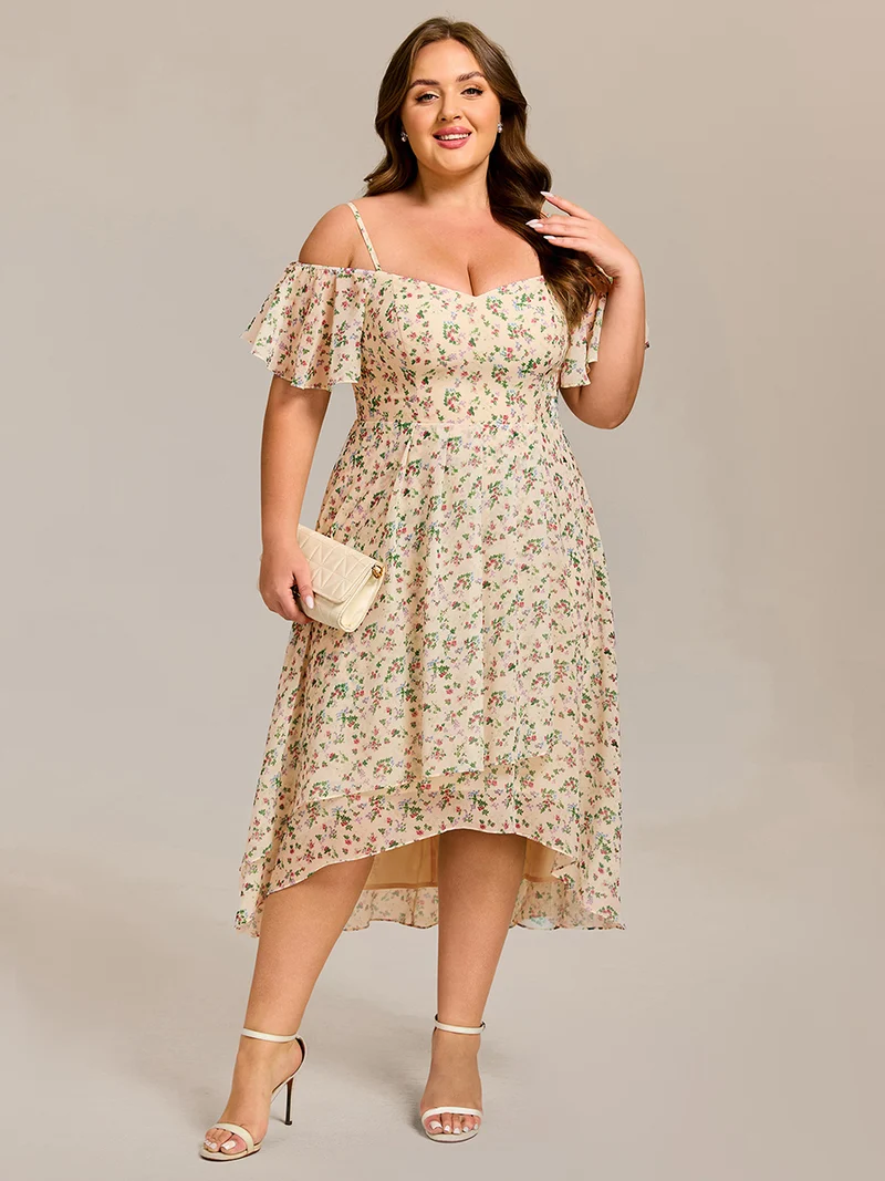 pretty JORDANE|Robes invitée mariage en mousseline de soie grande taille épaules dénudées hautes et basses manches courtes