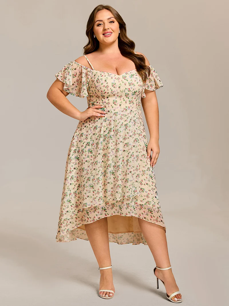 pretty JORDANE|Robes invitée mariage en mousseline de soie grande taille épaules dénudées hautes et basses manches courtes