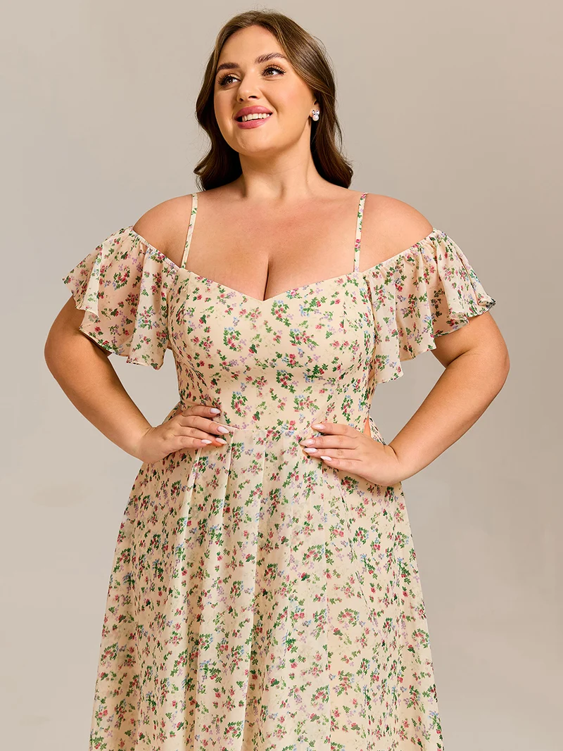 pretty JORDANE|Robes invitée mariage en mousseline de soie grande taille épaules dénudées hautes et basses manches courtes