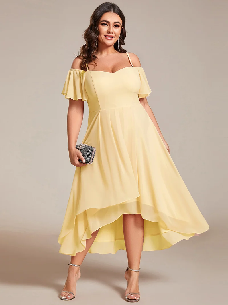pretty JORDANE|Robes invitée mariage en mousseline de soie grande taille épaules dénudées hautes et basses manches courtes