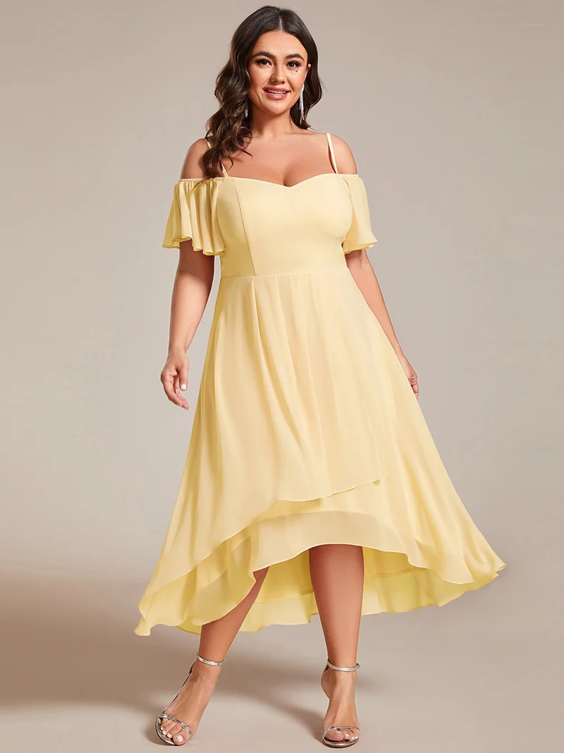 pretty JORDANE|Robes invitée mariage en mousseline de soie grande taille épaules dénudées hautes et basses manches courtes