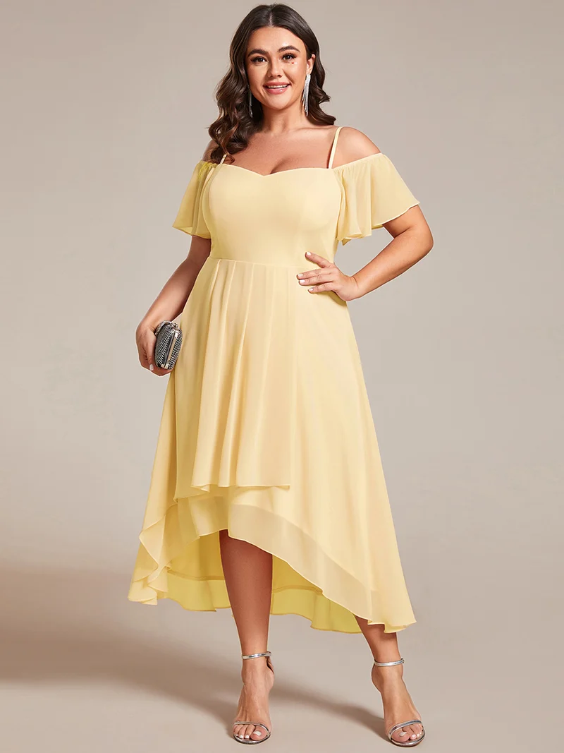 pretty JORDANE|Robes invitée mariage en mousseline de soie grande taille épaules dénudées hautes et basses manches courtes