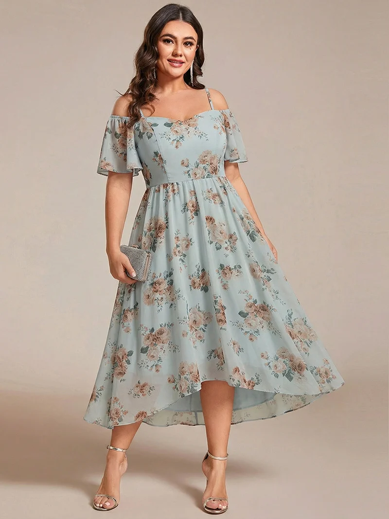 pretty JORDANE|Robes invitée mariage en mousseline de soie grande taille épaules dénudées hautes et basses manches courtes