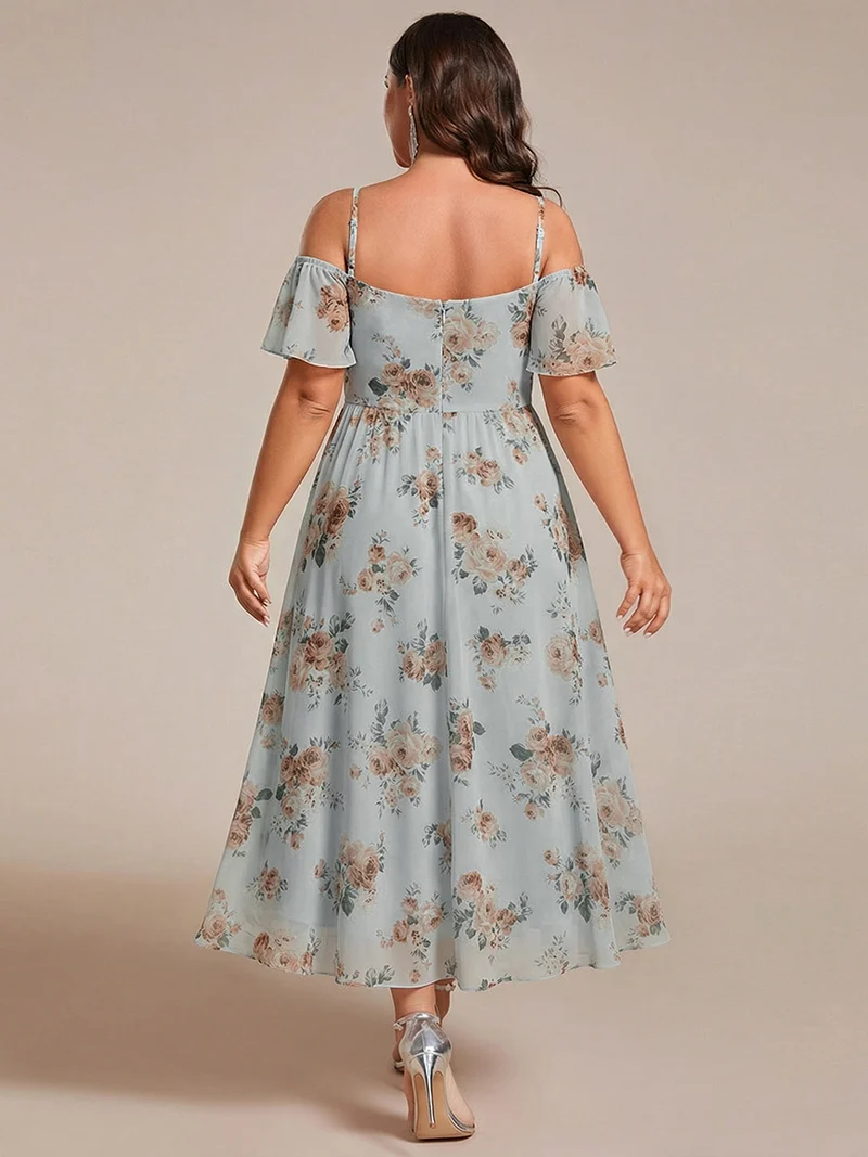pretty JORDANE|Robes invitée mariage en mousseline de soie grande taille épaules dénudées hautes et basses manches courtes