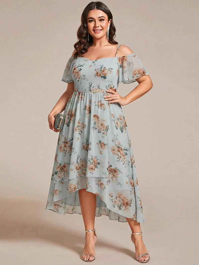 pretty JORDANE|Robes invitée mariage en mousseline de soie grande taille épaules dénudées hautes et basses manches courtes