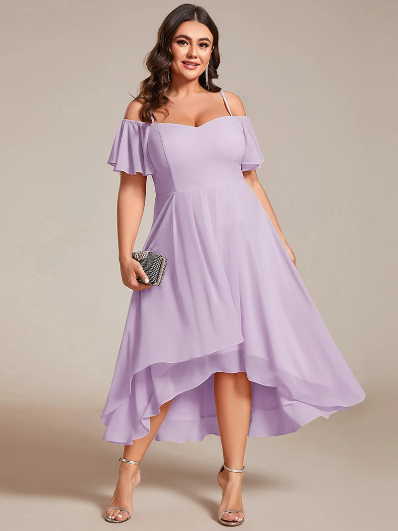 pretty JORDANE|Robes invitée mariage en mousseline de soie grande taille épaules dénudées hautes et basses manches courtes