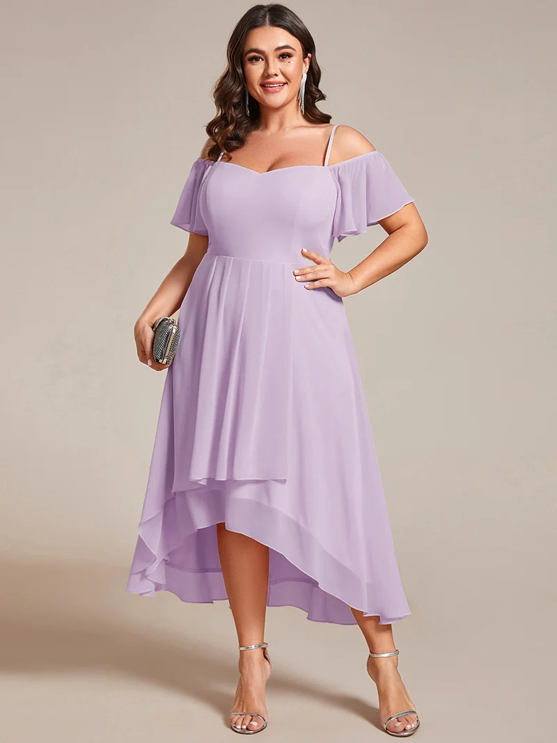 pretty JORDANE|Robes invitée mariage en mousseline de soie grande taille épaules dénudées hautes et basses manches courtes