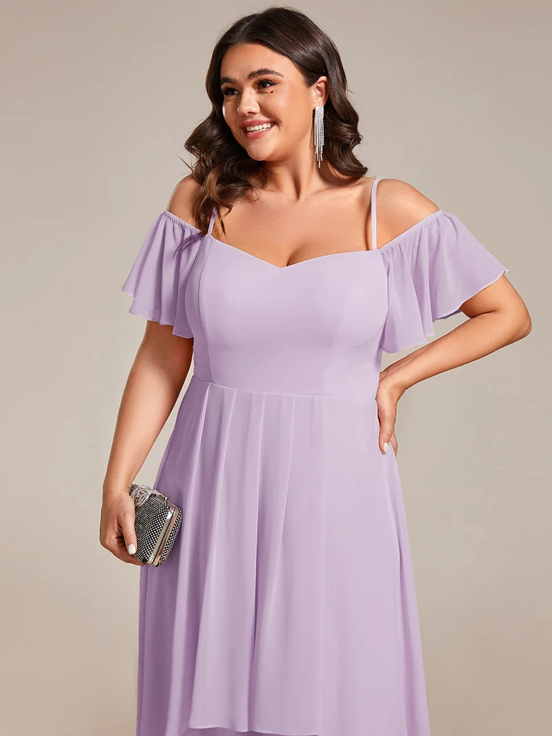 pretty JORDANE|Robes invitée mariage en mousseline de soie grande taille épaules dénudées hautes et basses manches courtes