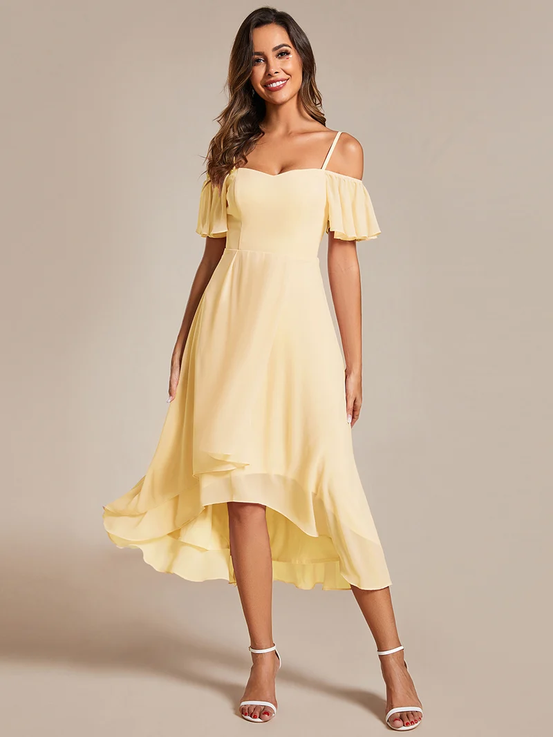 ever JORDANE|Robes d'invitées de mariage en mousseline épaules dénudées hautes et basses manches courtes