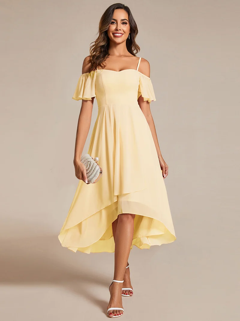 ever JORDANE|Robes d'invitées de mariage en mousseline épaules dénudées hautes et basses manches courtes
