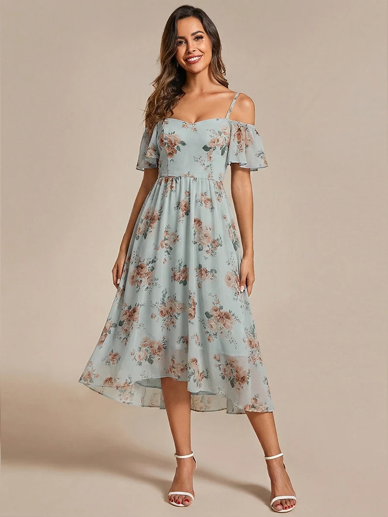 ever JORDANE|Robes d'invitées de mariage en mousseline épaules dénudées hautes et basses manches courtes