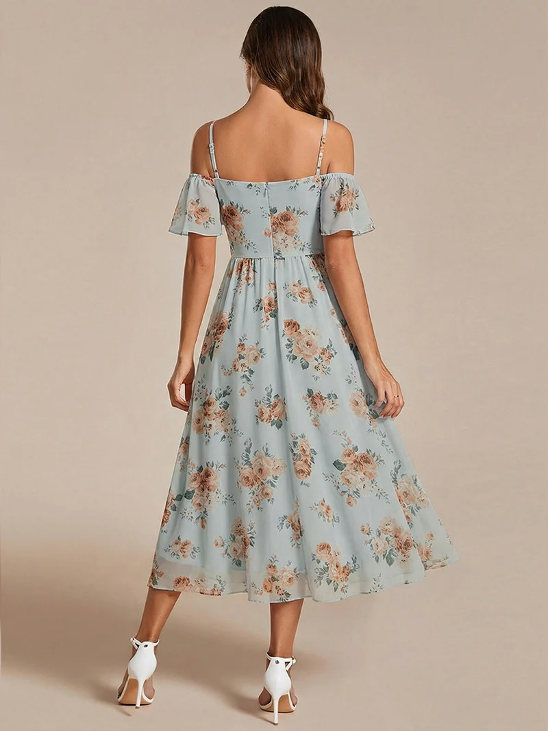 ever JORDANE|Robes d'invitées de mariage en mousseline épaules dénudées hautes et basses manches courtes