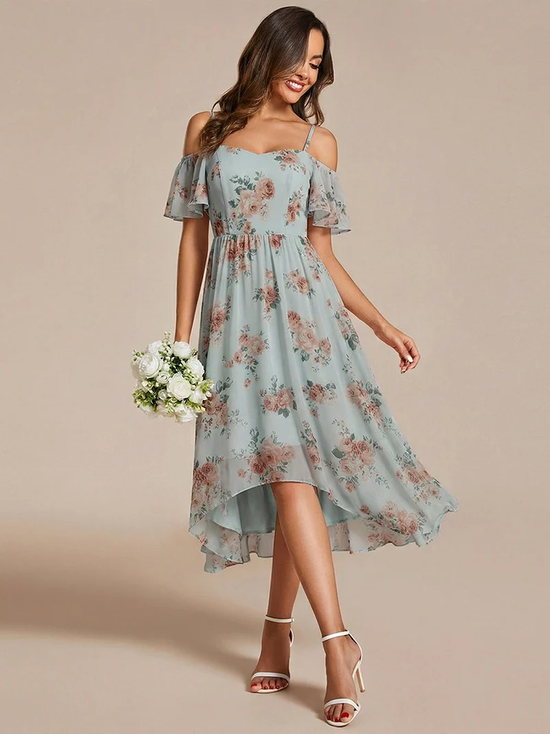 ever JORDANE|Robes d'invitées de mariage en mousseline épaules dénudées hautes et basses manches courtes