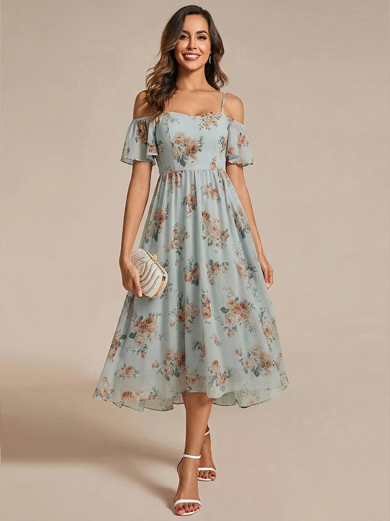 ever JORDANE|Robes d'invitées de mariage en mousseline épaules dénudées hautes et basses manches courtes