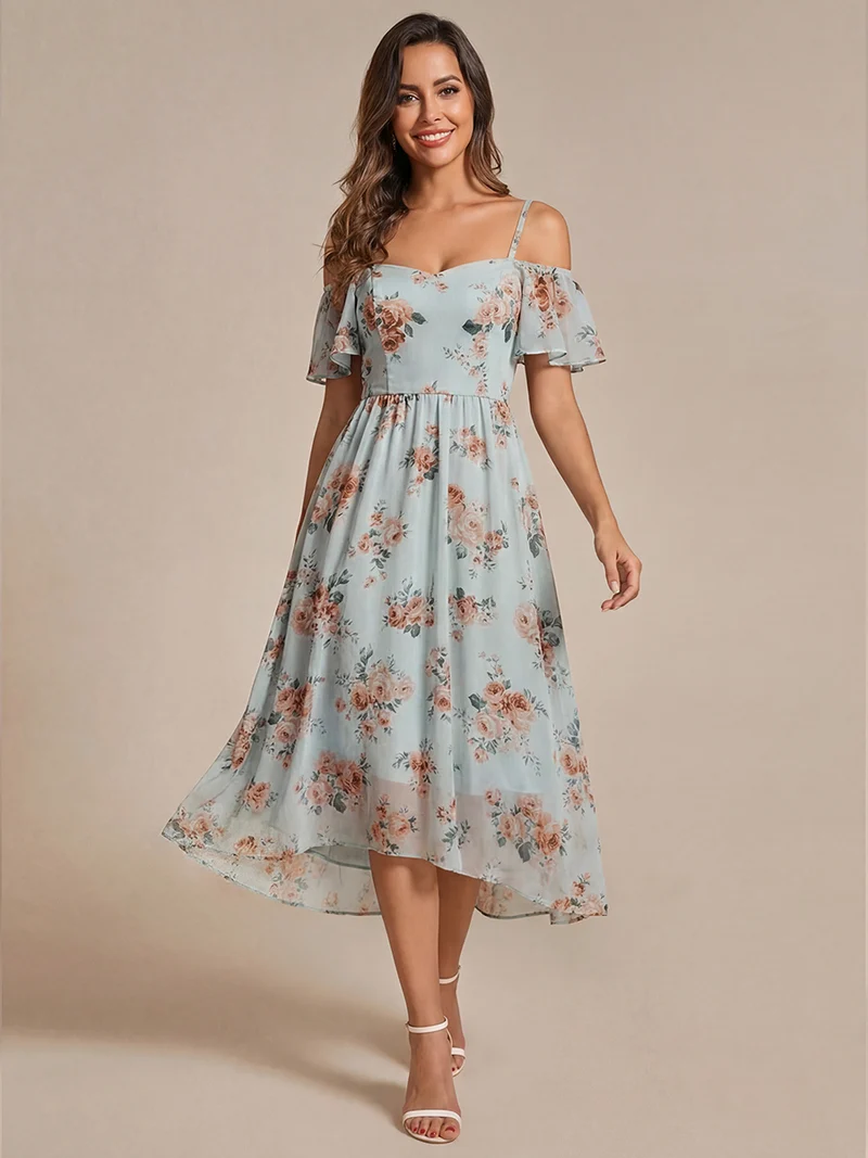 ever JORDANE|Robes d'invitées de mariage en mousseline épaules dénudées hautes et basses manches courtes