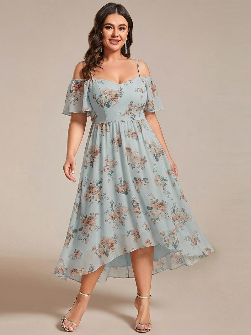 ever JORDANE|Robes d'invitées de mariage en mousseline épaules dénudées hautes et basses manches courtes