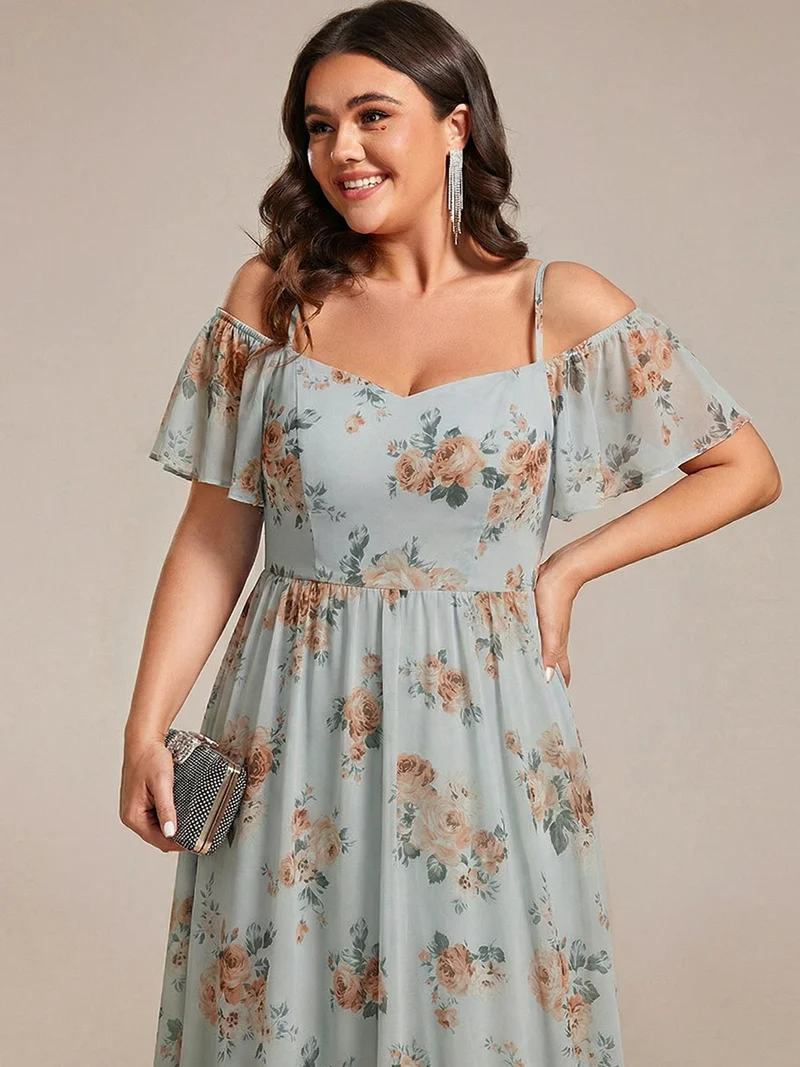 ever JORDANE|Robes d'invitées de mariage en mousseline épaules dénudées hautes et basses manches courtes