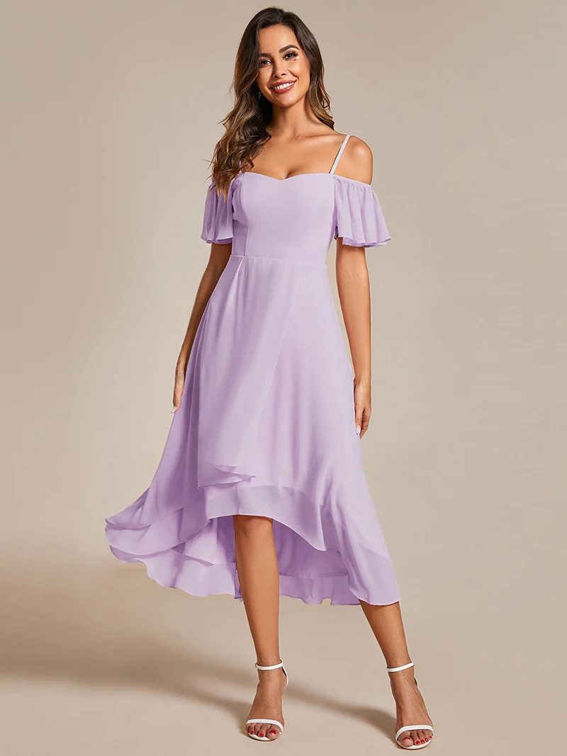 ever JORDANE|Robes d'invitées de mariage en mousseline épaules dénudées hautes et basses manches courtes