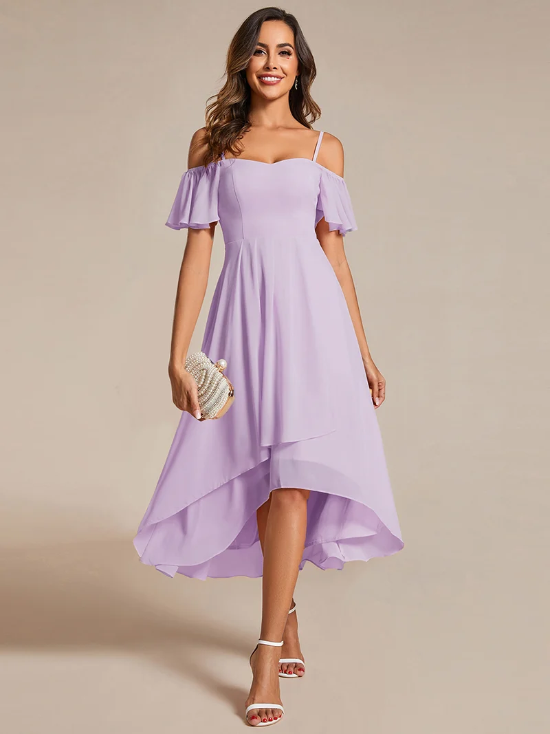 ever JORDANE|Robes d'invitées de mariage en mousseline épaules dénudées hautes et basses manches courtes