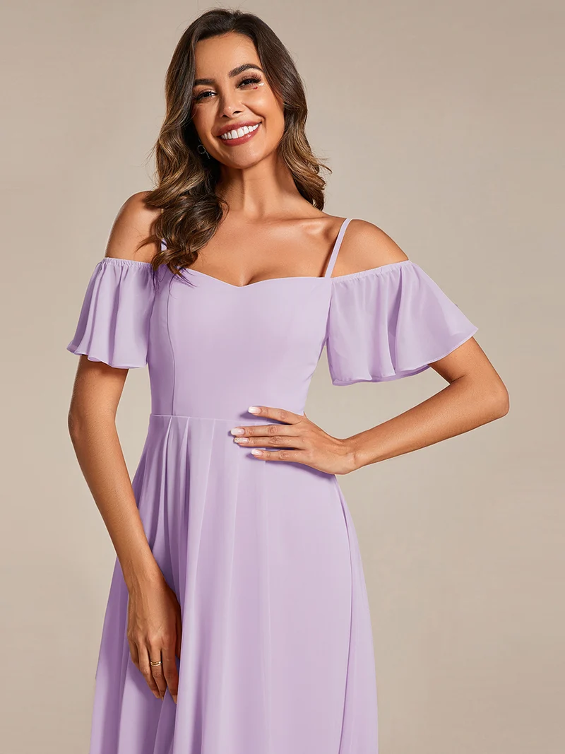 ever JORDANE|Robes d'invitées de mariage en mousseline épaules dénudées hautes et basses manches courtes