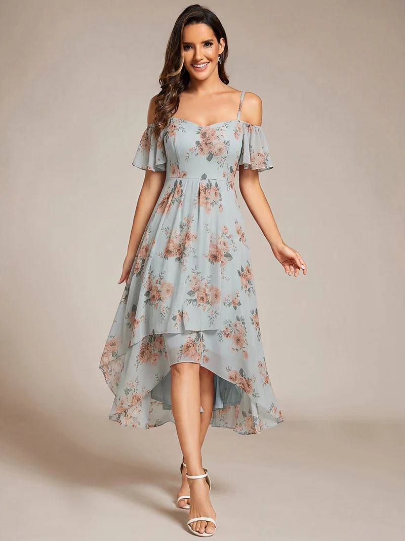 ever JORDANE|Robes d'invitées de mariage en mousseline épaules dénudées hautes et basses manches courtes
