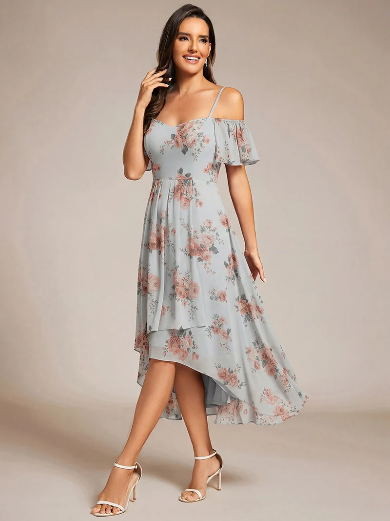 ever JORDANE|Robes d'invitées de mariage en mousseline épaules dénudées hautes et basses manches courtes