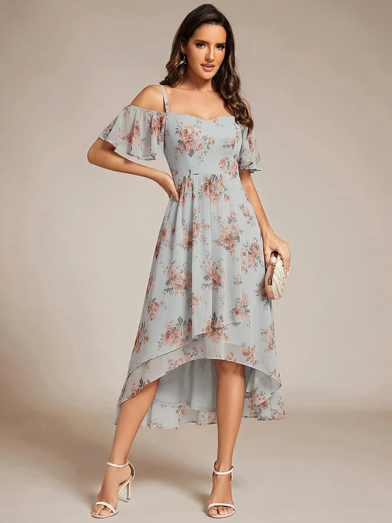 ever JORDANE|Robes d'invitées de mariage en mousseline épaules dénudées hautes et basses manches courtes