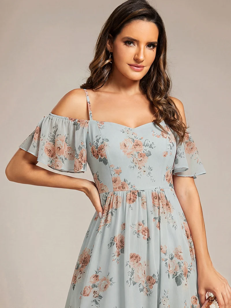 ever JORDANE|Robes d'invitées de mariage en mousseline épaules dénudées hautes et basses manches courtes