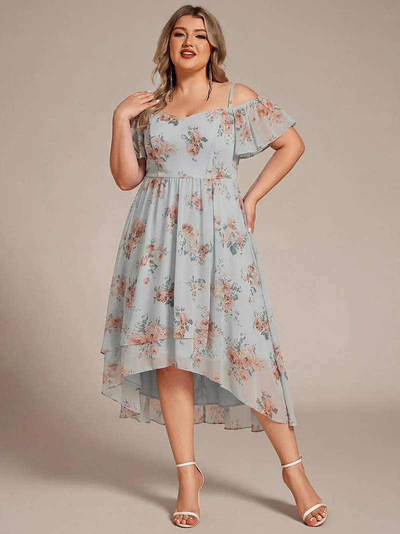 ever JORDANE|Robes d'invitées de mariage en mousseline épaules dénudées hautes et basses manches courtes