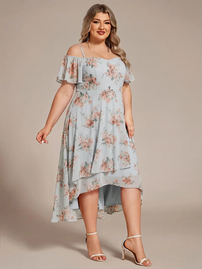 ever JORDANE|Robes d'invitées de mariage en mousseline épaules dénudées hautes et basses manches courtes