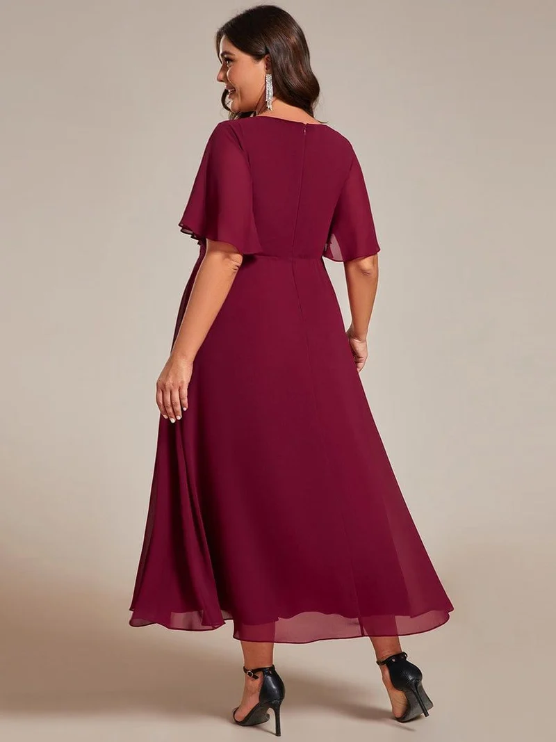 pretty DAHLIA|Robe d'invité de mariage mi-longue en mousseline de soie à col en V de grande taille avec applique à la taille