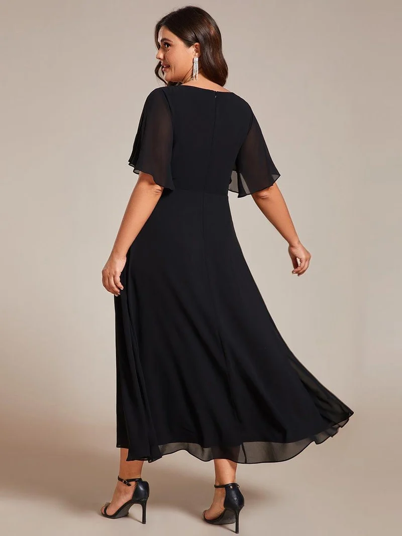 pretty DAHLIA|Robe d'invité de mariage mi-longue en mousseline de soie à col en V de grande taille avec applique à la taille