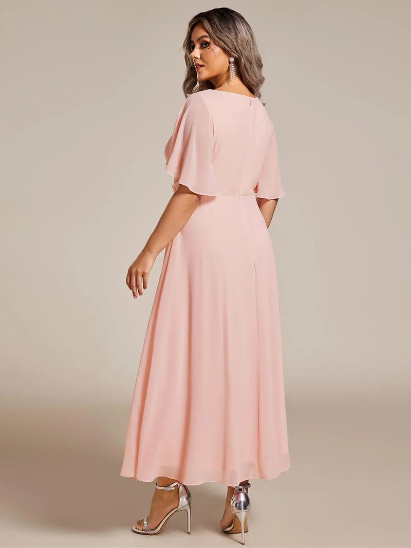 pretty DAHLIA|Robe d'invité de mariage mi-longue en mousseline de soie à col en V de grande taille avec applique à la taille