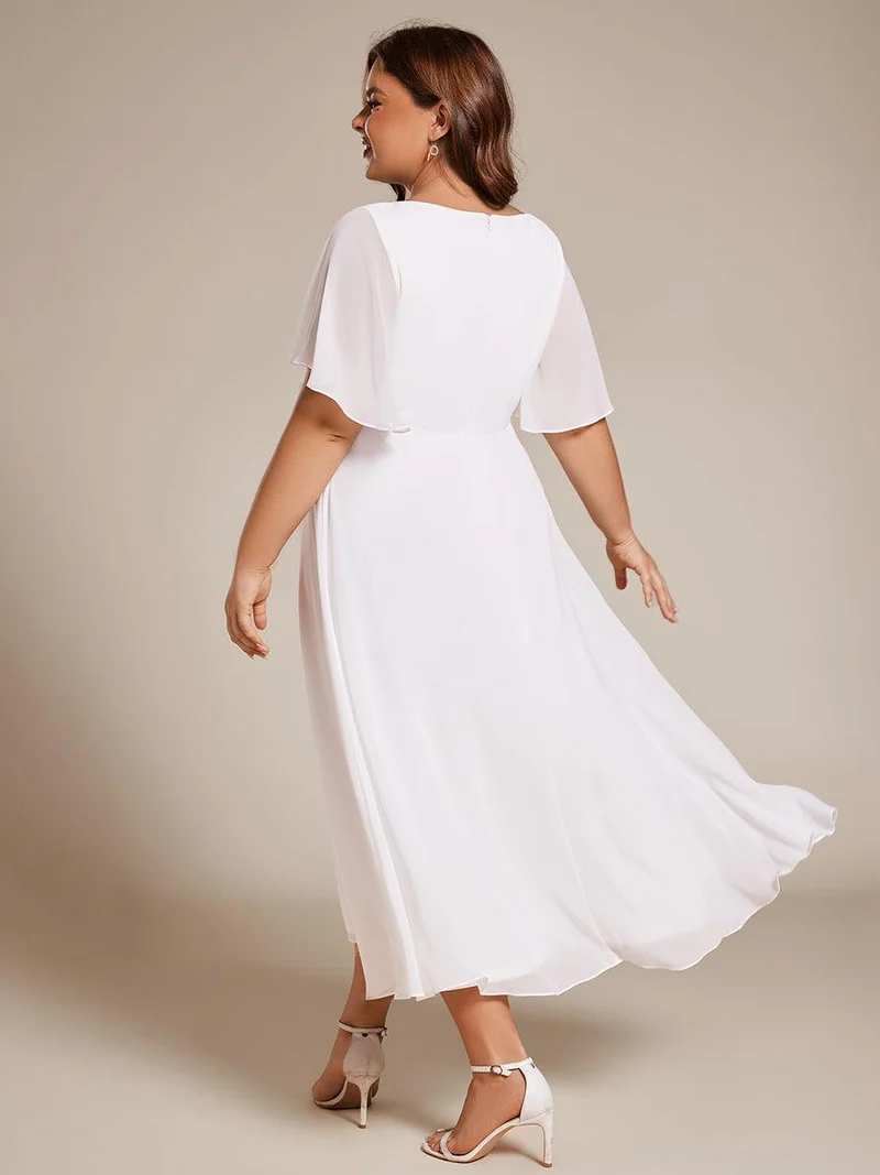 pretty DAHLIA|Robe d'invité de mariage mi-longue en mousseline de soie à col en V de grande taille avec applique à la taille