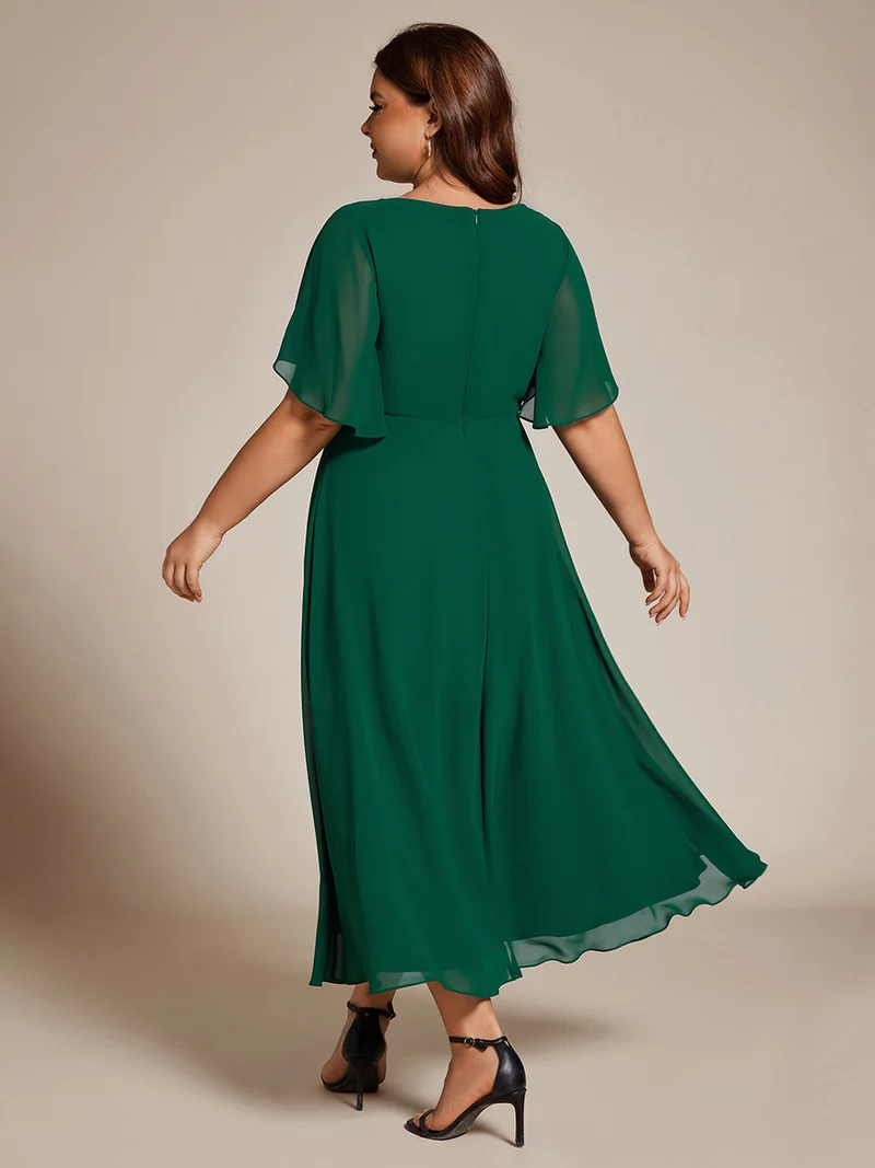 pretty DAHLIA|Robe d'invité de mariage mi-longue en mousseline de soie à col en V de grande taille avec applique à la taille