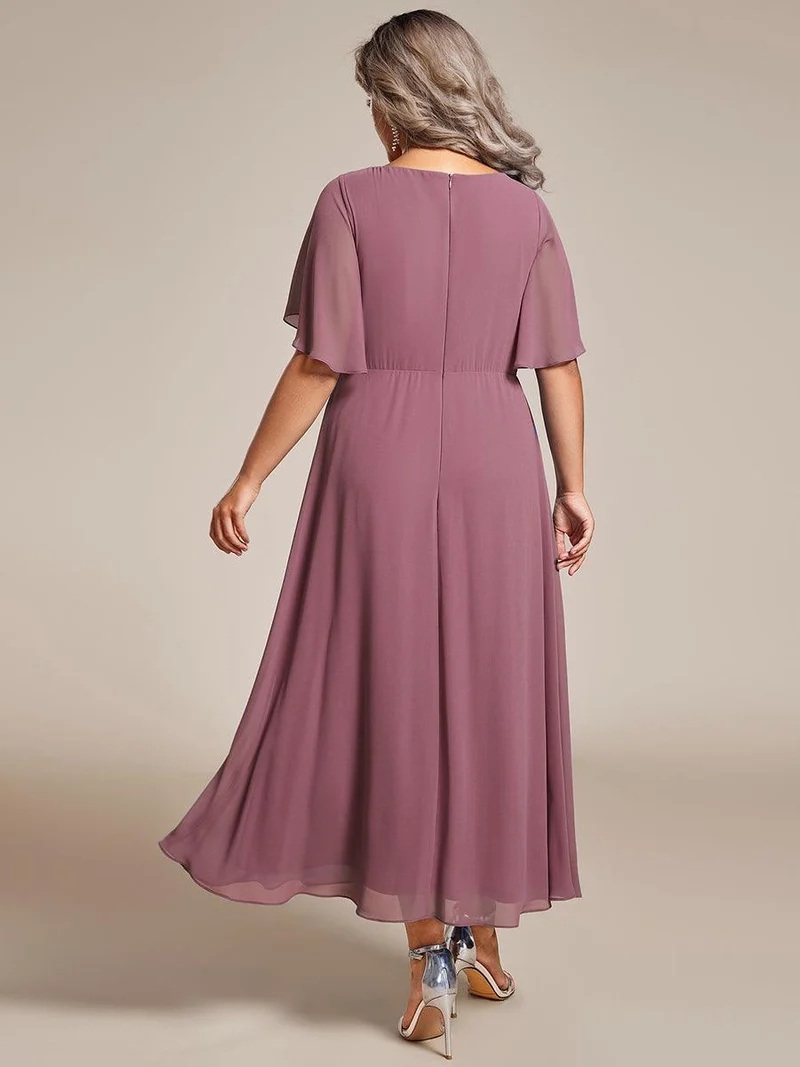 pretty DAHLIA|Robe d'invité de mariage mi-longue en mousseline de soie à col en V de grande taille avec applique à la taille