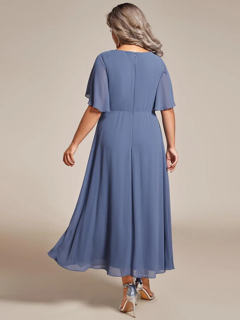 pretty DAHLIA|Robe d'invité de mariage mi-longue en mousseline de soie à col en V de grande taille avec applique à la taille