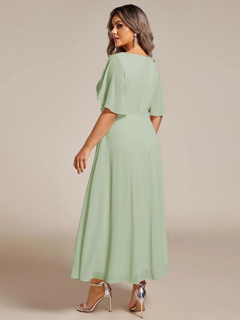 pretty DAHLIA|Robe d'invité de mariage mi-longue en mousseline de soie à col en V de grande taille avec applique à la taille