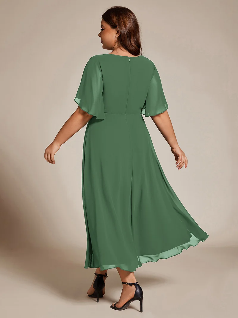 pretty DAHLIA|Robe d'invité de mariage mi-longue en mousseline de soie à col en V de grande taille avec applique à la taille