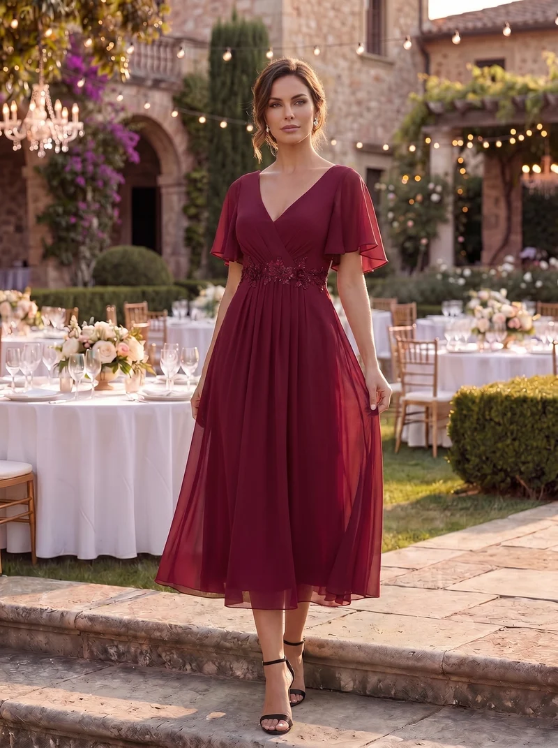 ever DAHLIA|Robe d'invité de mariage mi-longue en mousseline à col en V avec appliques à la taille