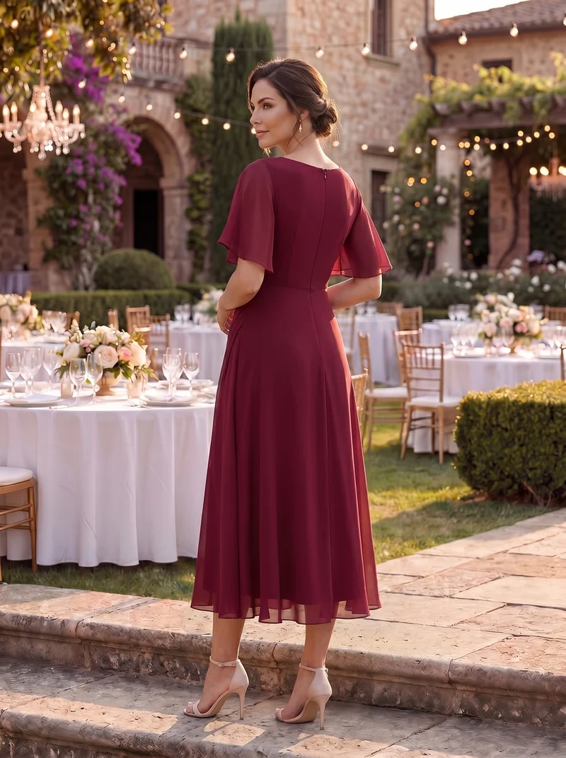 ever DAHLIA|Robe d'invité de mariage mi-longue en mousseline à col en V avec appliques à la taille