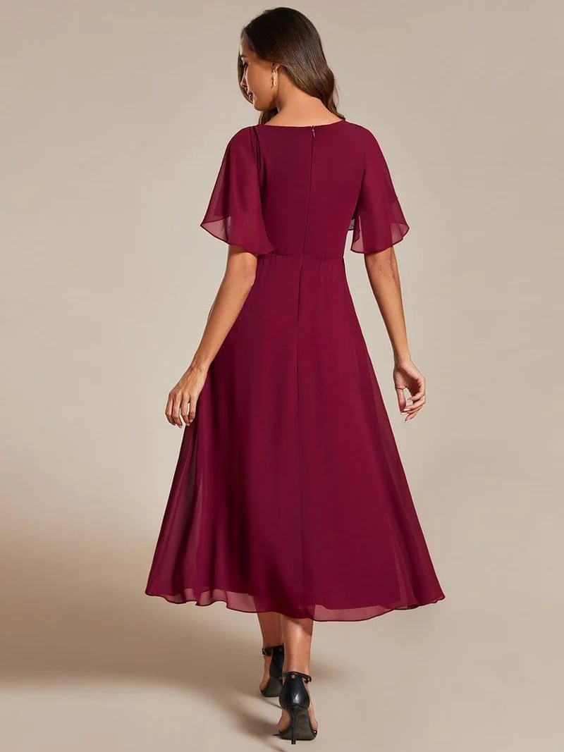 ever DAHLIA|Robe d'invité de mariage mi-longue en mousseline à col en V avec appliques à la taille