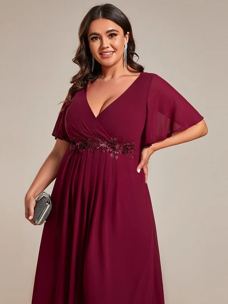ever DAHLIA|Robe d'invité de mariage mi-longue en mousseline à col en V avec appliques à la taille