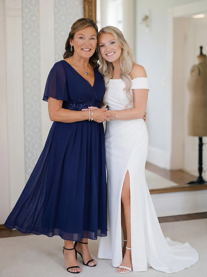 ever DAHLIA|Robe d'invité de mariage mi-longue en mousseline à col en V avec appliques à la taille