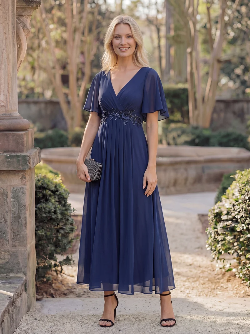 ever DAHLIA|Robe d'invité de mariage mi-longue en mousseline à col en V avec appliques à la taille