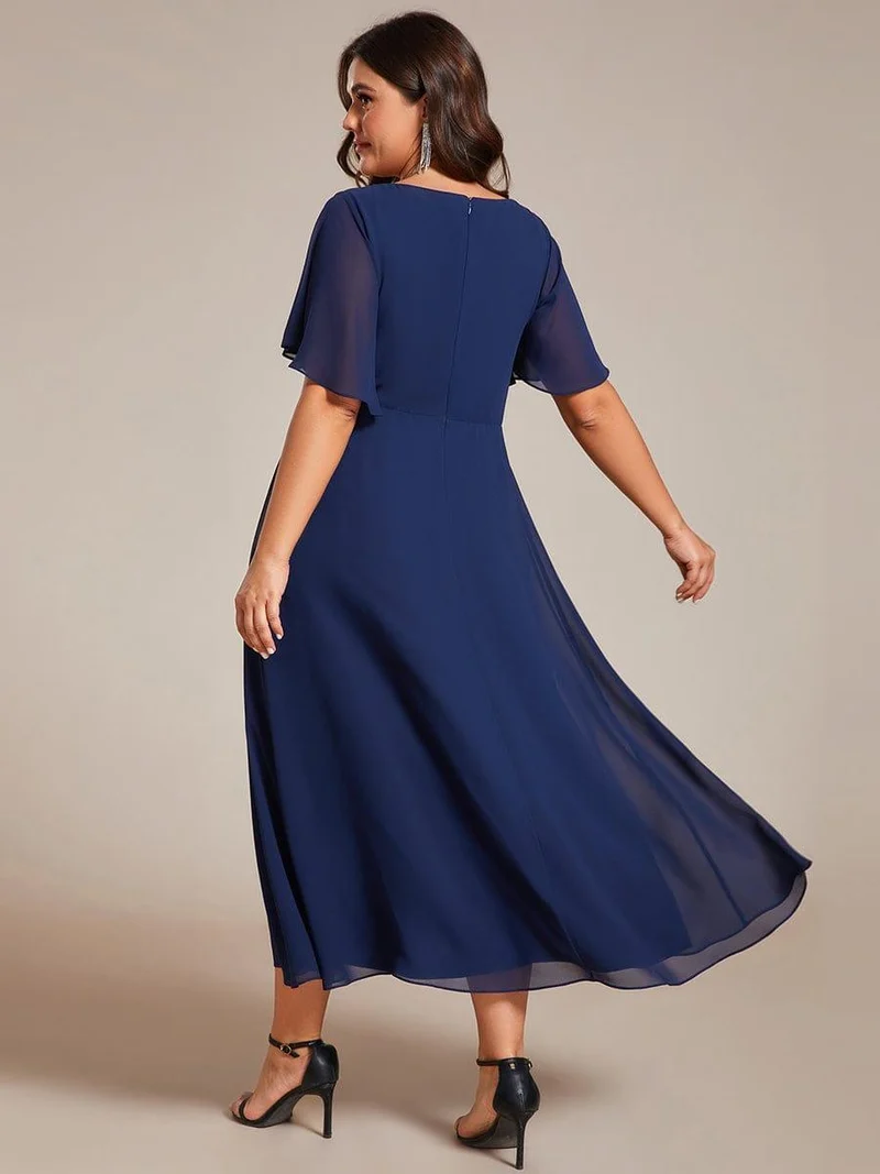 ever DAHLIA|Robe d'invité de mariage mi-longue en mousseline à col en V avec appliques à la taille
